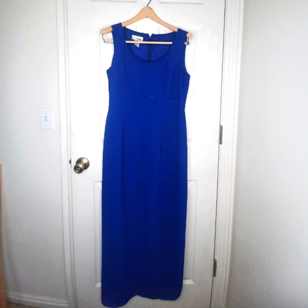 VTG 90s After Dark Dress Size 8P Blue  Beaded Empire Waist Full Length  Gown.